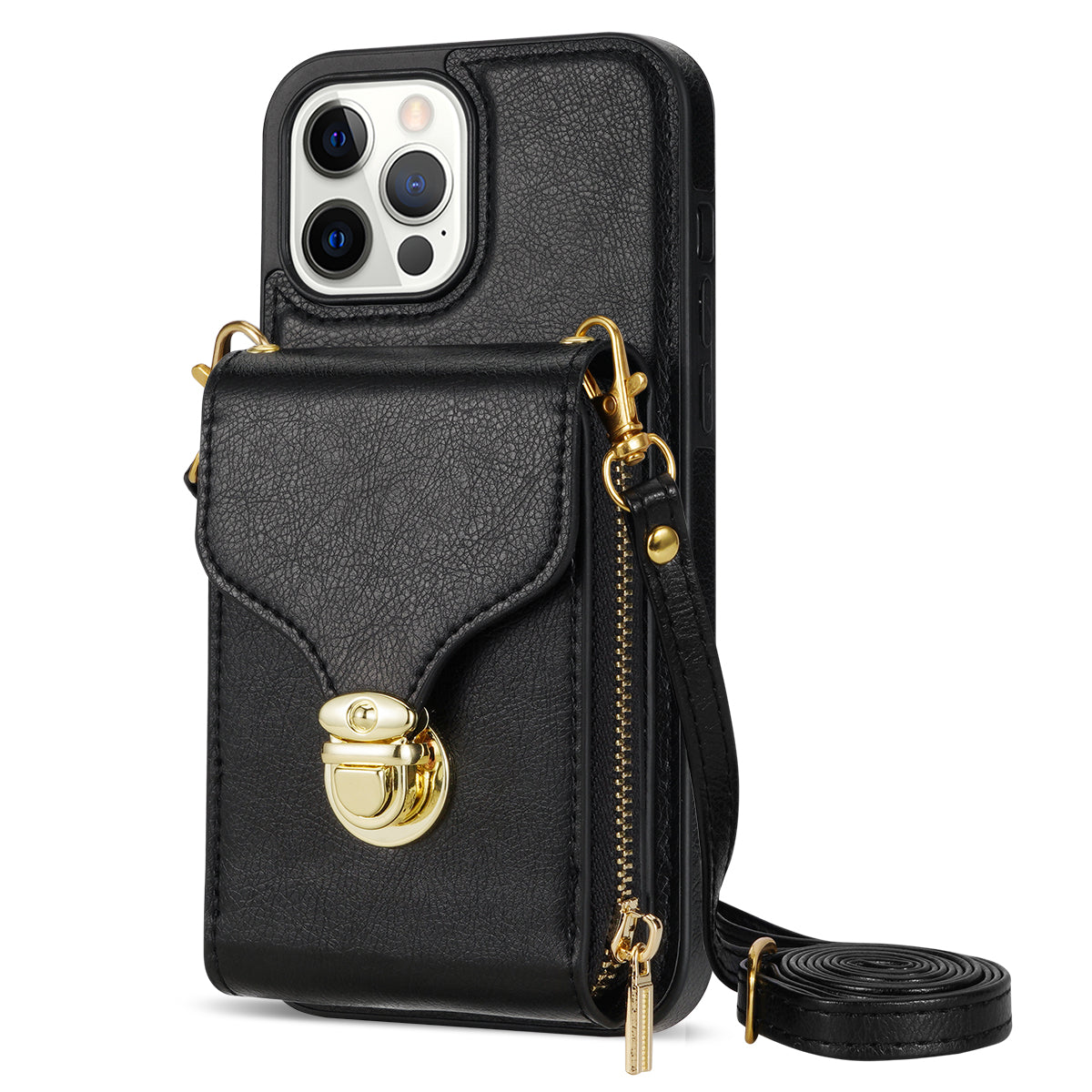 For iPhone 13 Pro 6.1 inch PU Leather TPU Back Case Zipper Card Holder Kickstand Phone Cover with Shoulder Strap For iPhone 13 Pro 6.1 inch PU Leather TPU Back Case Zipper Card Holder Kickstand Phone Cover with Shoulder Strap